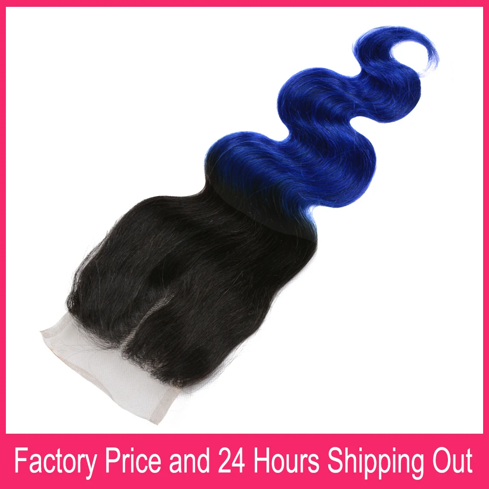 1B Blue 4x4 Lace Closure For Black Women 10-22 Inch Body Wave Human Hair Material Ombre Blue Pre Colored Swiss Lace Closures