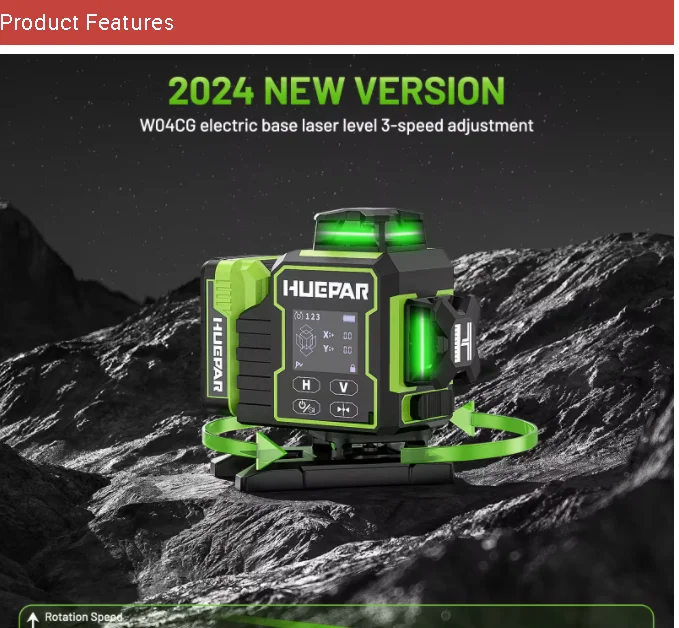 2026 Huepar W04CG Green Lasers Level 4D Rotary 16 Lines Self-Leveling With Electric Base Adjustable Brightness view 4