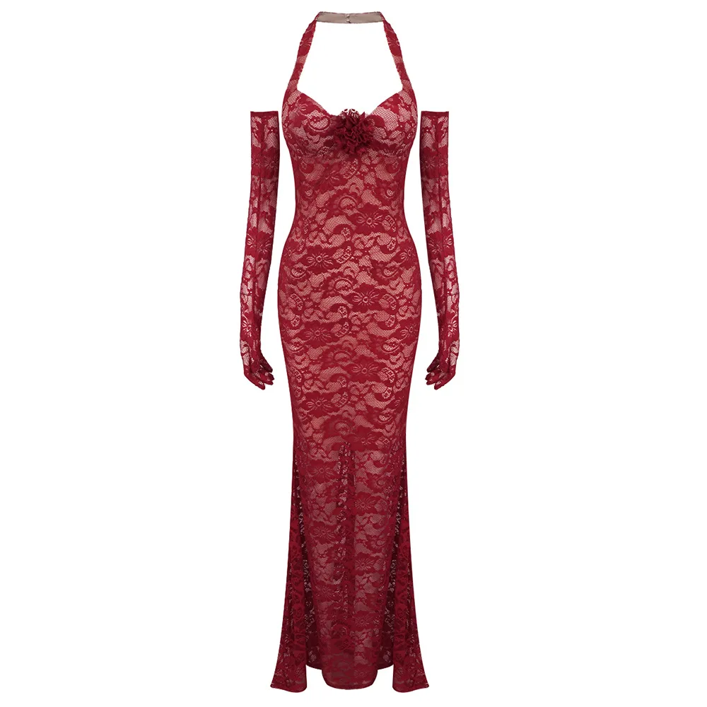 

2024 autumn sling halter neck slim red new lace mesh elegant long dress