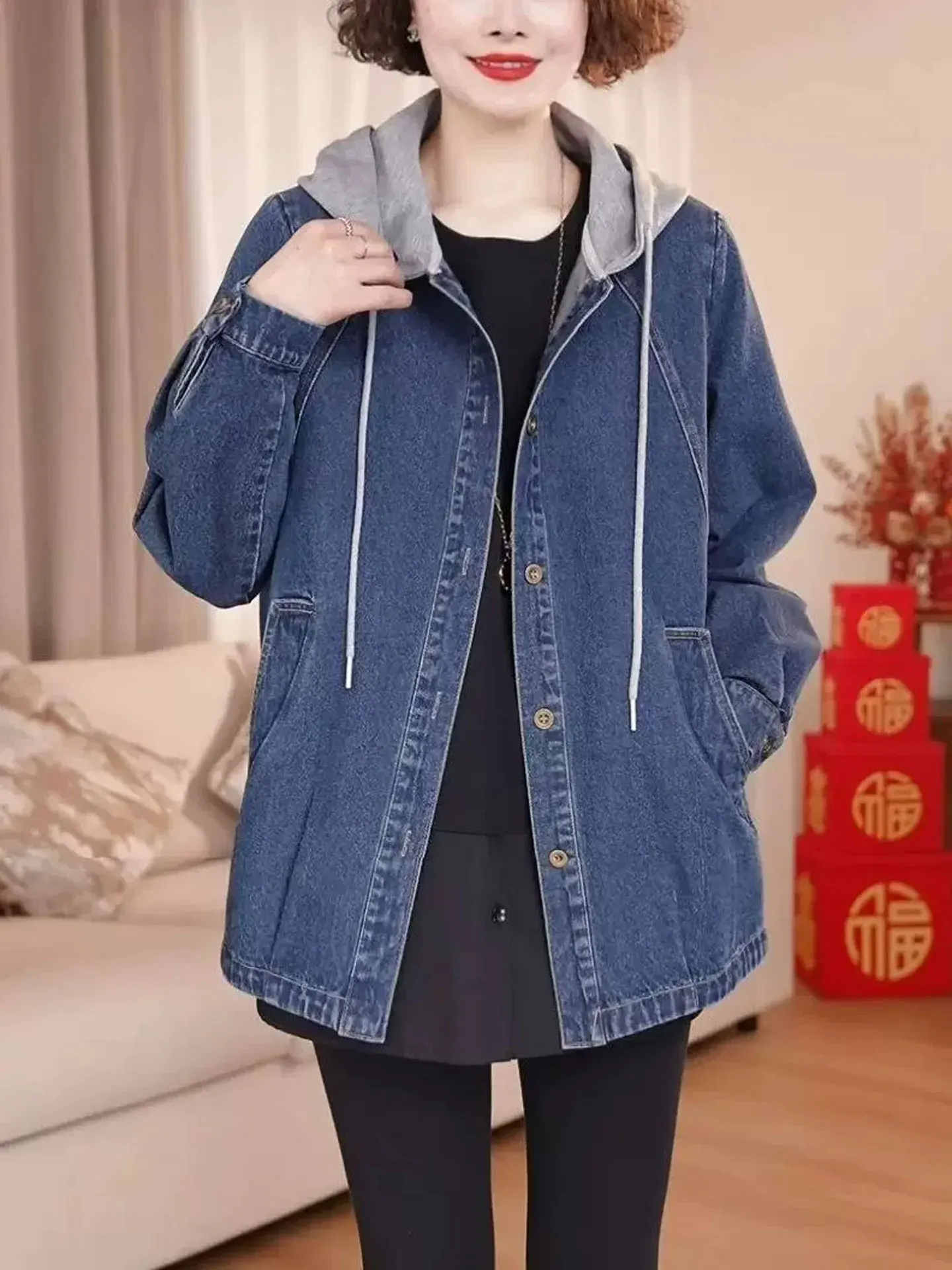 Ladies Casual Loose Fit Hooded Denim Jacket Color Block Design Mid-Length Open Cardigan Top for Autumn Season Fashion Trend