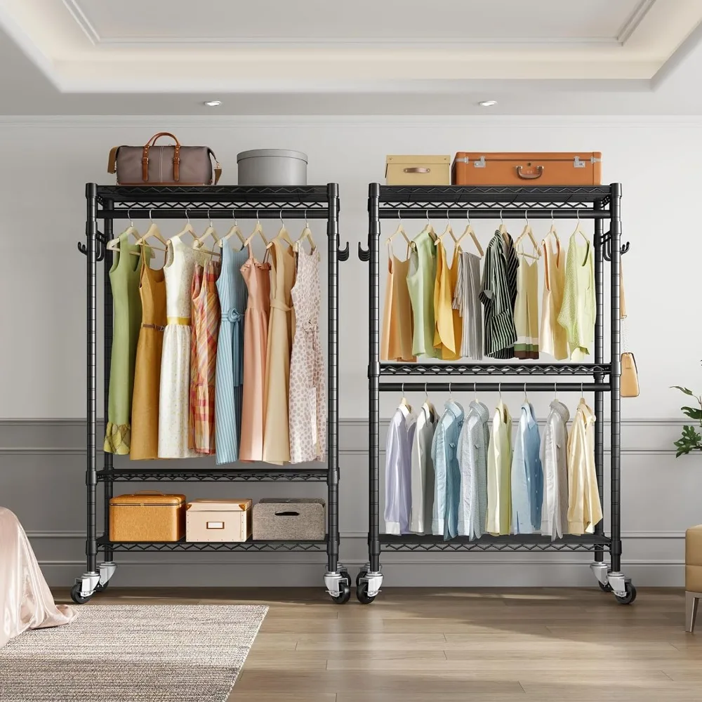 V12 Medium Heavy Duty Rolling Garment Rack 3 Tiers Adjustable Clothes Rack with Double Rods & Hooks, Freestanding Wardrobe