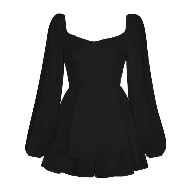 Women S Solid Color Jumpsuit Casual Autumn Outfit Square Neck Lantern Sleeve Ruffle Hem Shorts Romper Stylish And Comfortable
