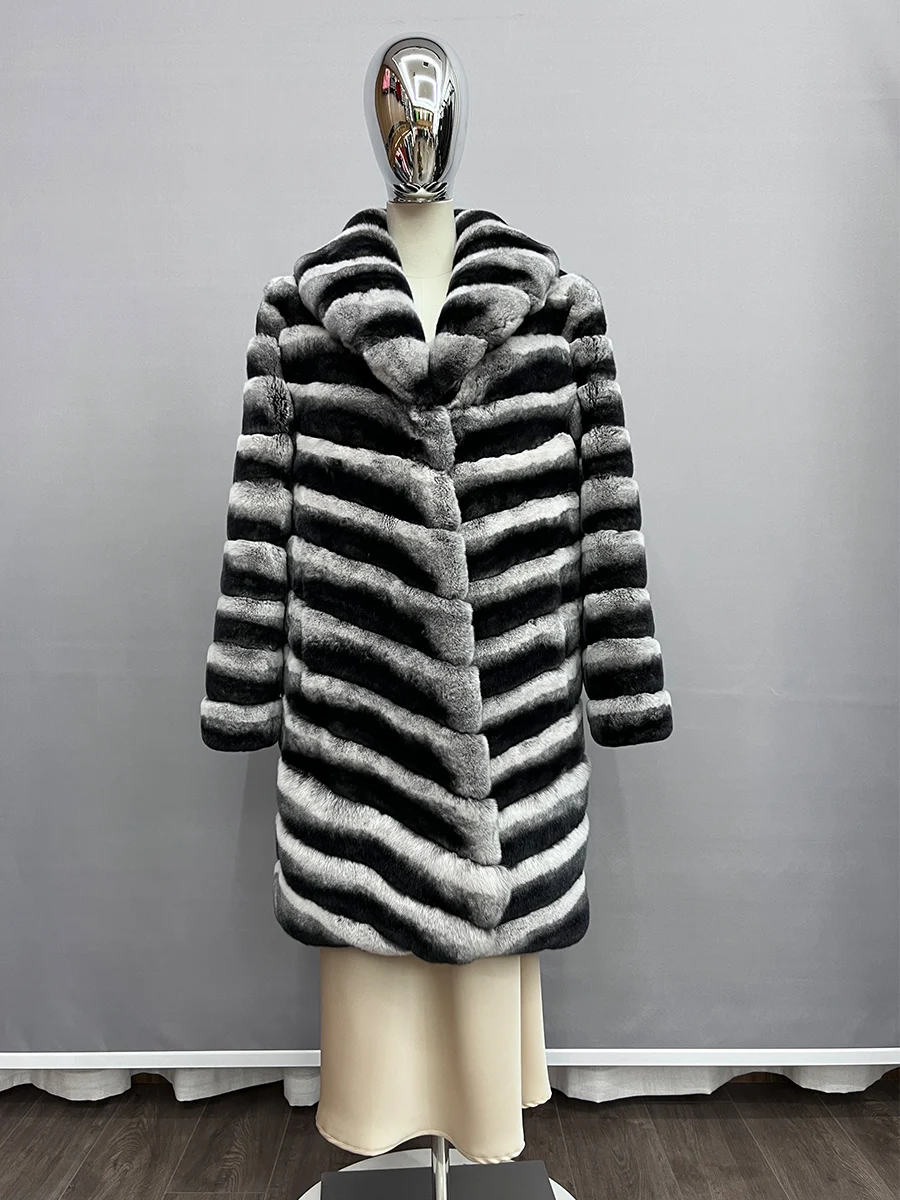 

2023 Real Rex Rabbit Fur Coat Women Chinchilla Fur Jacket Long Women's Shawl Collar Winter Fur Coat Winter Luxury Jacket Warm