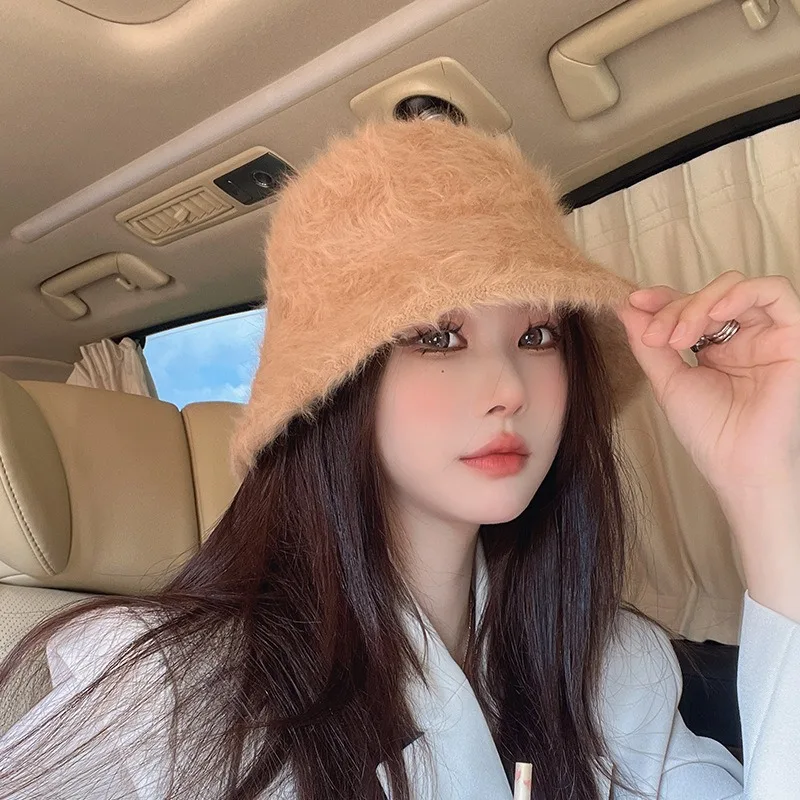 New Rabbit Wool Cute Bucket Hat Winter Plush Fisherman Hats Girl Warm White Black Solid Color Caps for Women Autumn Cold-proof