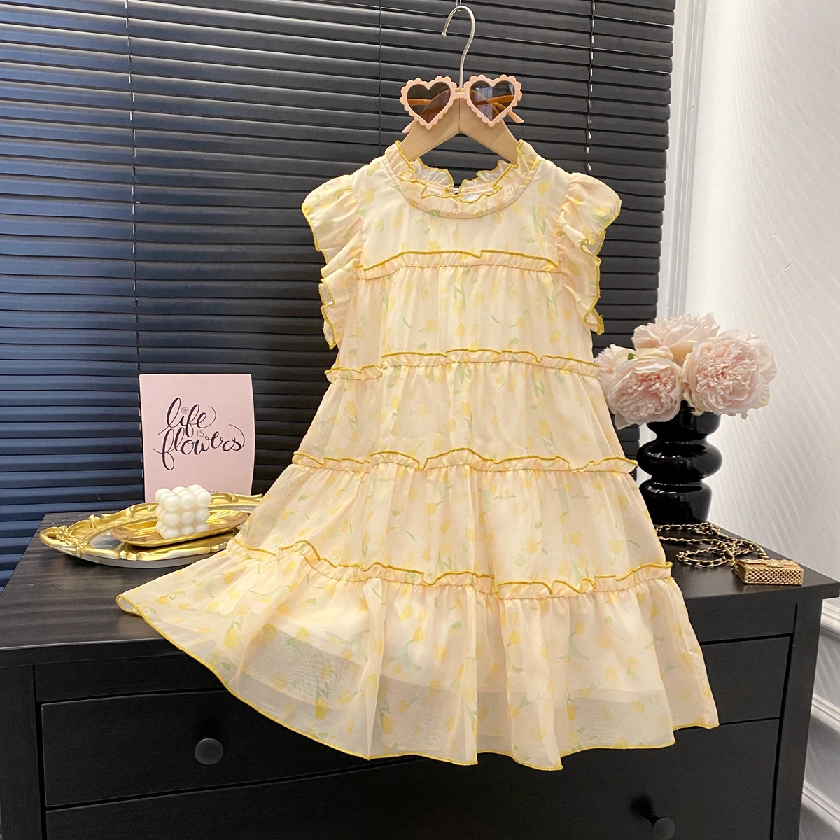 Round Neck Princess Dress Summer Floral Print Mesh Comfortable Cake Dress Girls Clothes  Sleeveless  Kids Costume