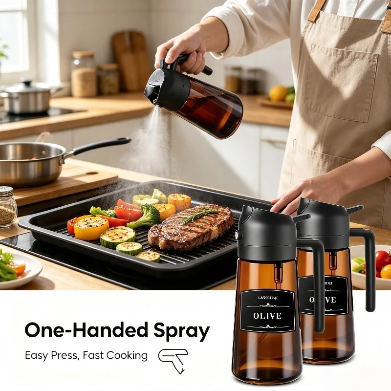 1pc 2 in 1 Glass Oil Sprayer Bottle, 16oz Leakproof Olive Oil Dispenser for Cooking BBQ Salad, Food Grade BPA-Free Kitchen Tool