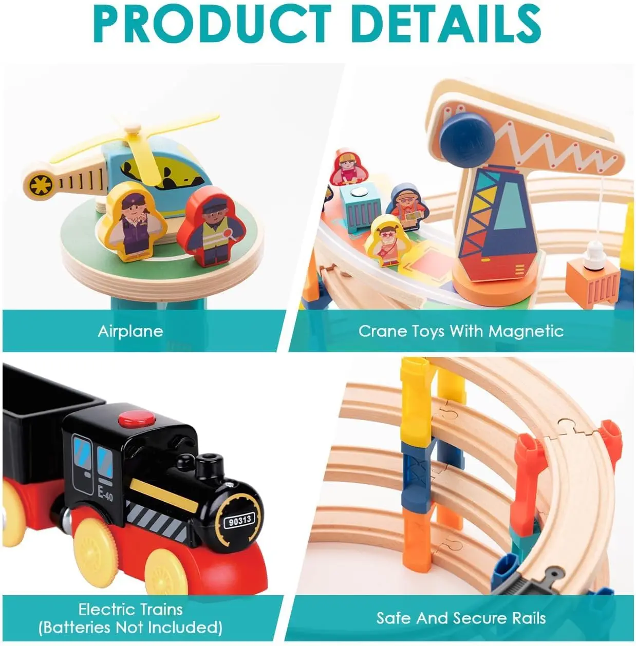 Juego de vías de tren de madera de 120 piezas, expansión de vía de 398 pulgadas, juego de tren de juguete de puente ferroviario para niños pequeños con avión y grúa magnética,