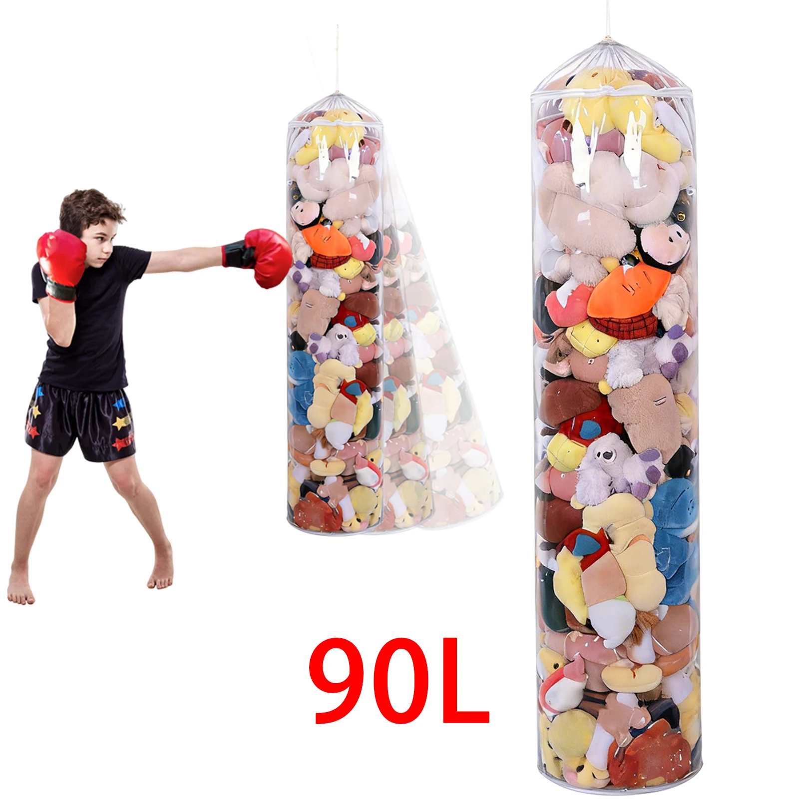 Zylindrischer Plüschtier-Aufbewahrungsbeutel mit Reißverschluss, transparenter, wasserdichter PVC-Beutel für Stofftiere, für Kinder, zum Spielen und Boxen