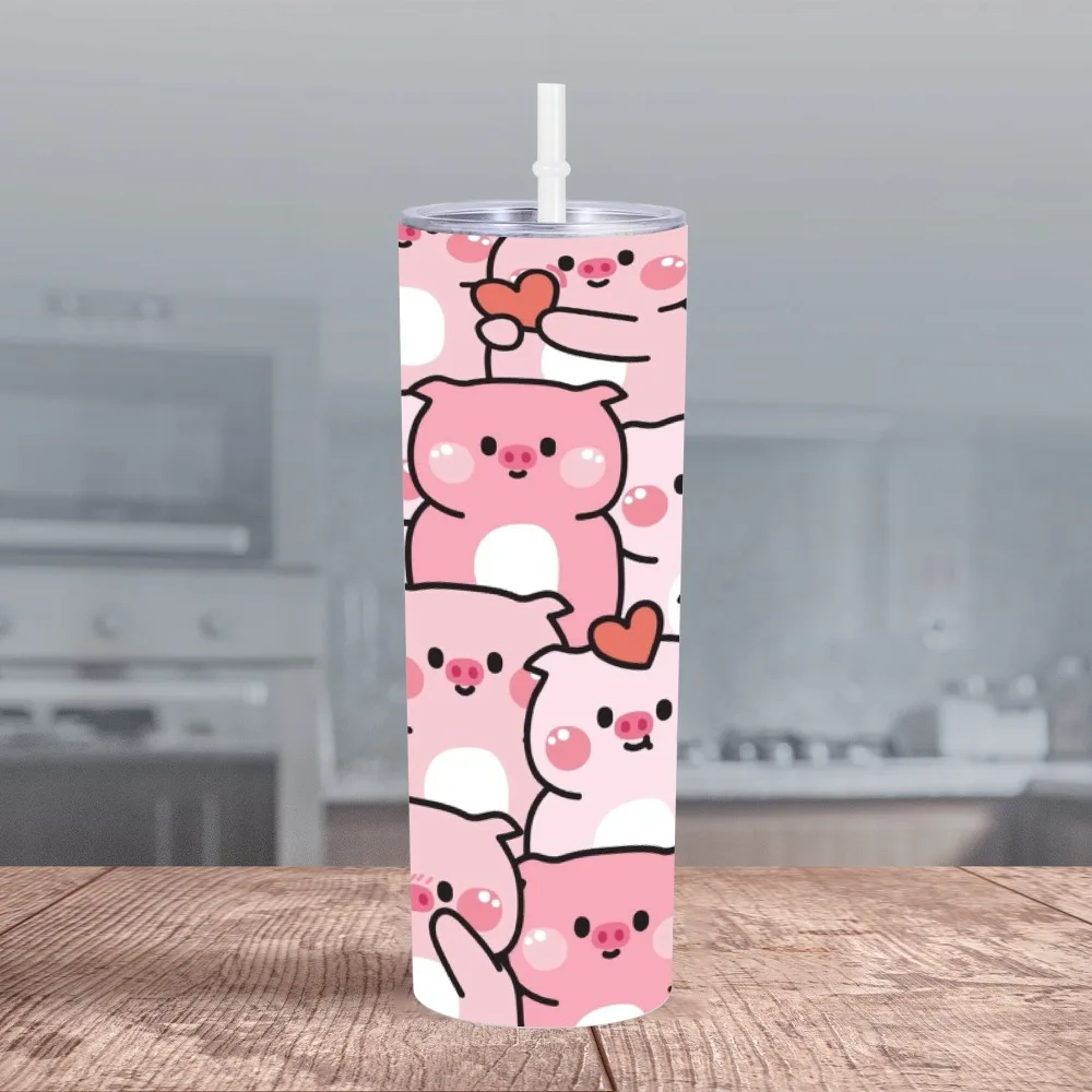 Cute Pink Pig Print Thermos Cup With Lid and Straw 20 oz Tumbler Vacuum Cups Water Bottle Coffee Cups Travel Mug Gifts Women