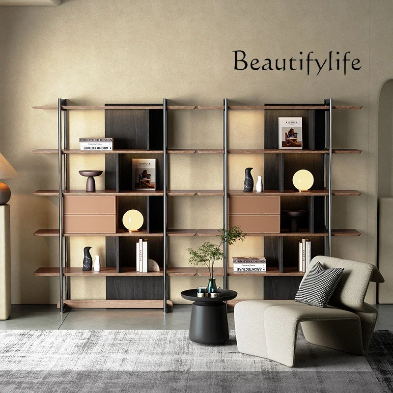 Modern light luxury solid wood bookshelf Italian minimalist storage study creative storage high-grade stainless steel  stand