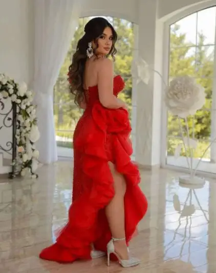 Red Lace Women Evening Gowns Ruffles One Shoulder Sexy High Split Prom Dresses Aso Ebi Floor Length Formal Party Dress Robe