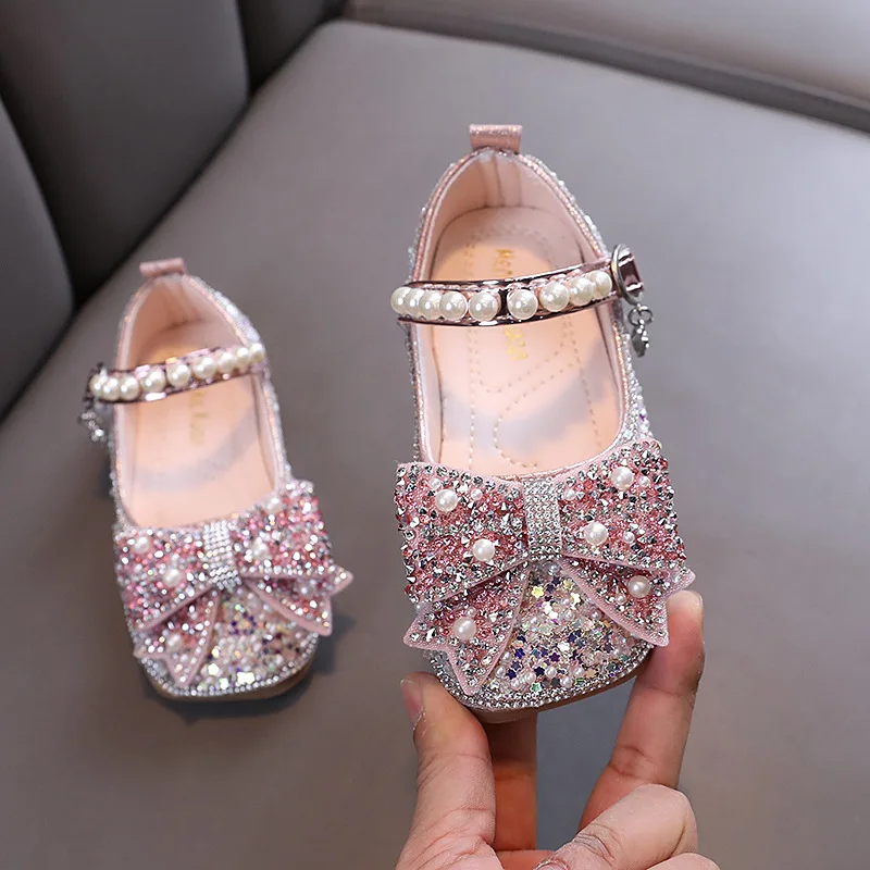 Neue Kinder Schuhe Mädchen Strass Bogen Prinzessin Schuhe Glitter Kinder Baby Tanz Schuhe Kleinkind Mädchen Leder Schuhe J252