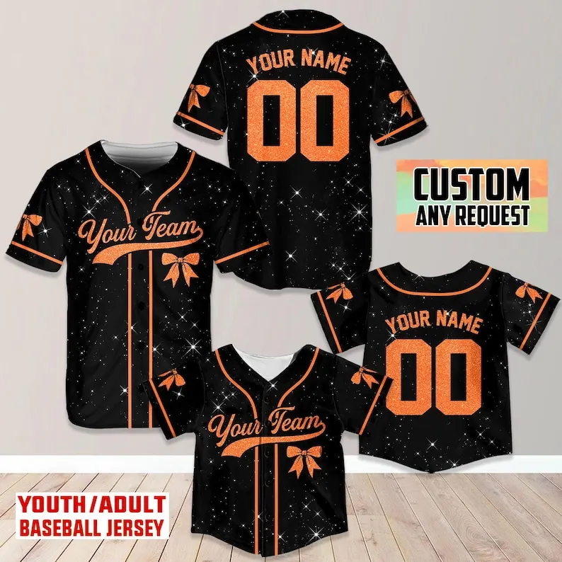 Personalized Team Name Number Kid Baseball Jersey Custom Bow Ribbon Kid Jersey Cheer Jersey Printed Glitter, Not Glitter Fabric)