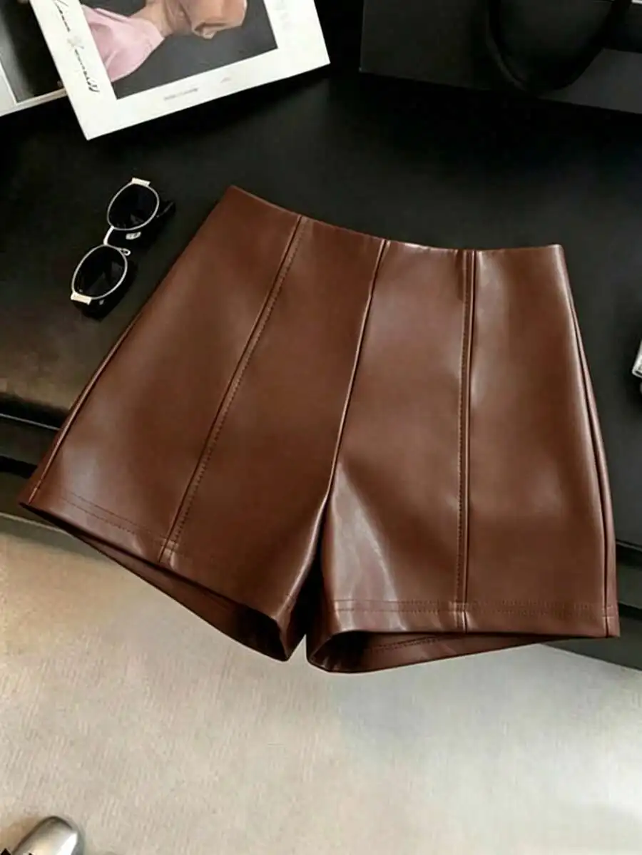 

Brown PU Leather High Waist Slim Fit Shorts For Women Casual Spring Summer Wear