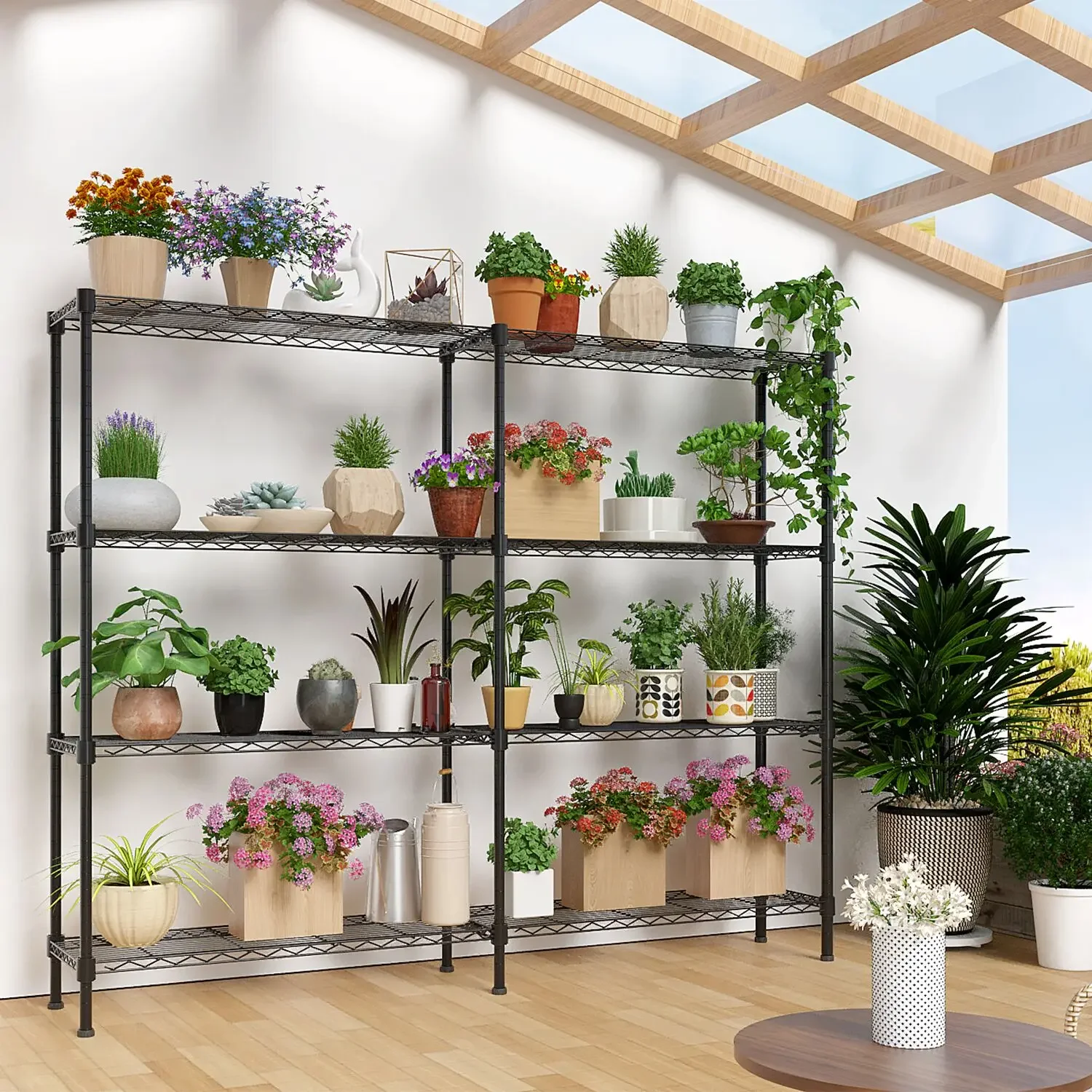 Adjustable 4-Layer Double Row Display Stand Iron Plant Shelves with Adjustable Feet 147x35x150 Cm Powder-Coated Black
