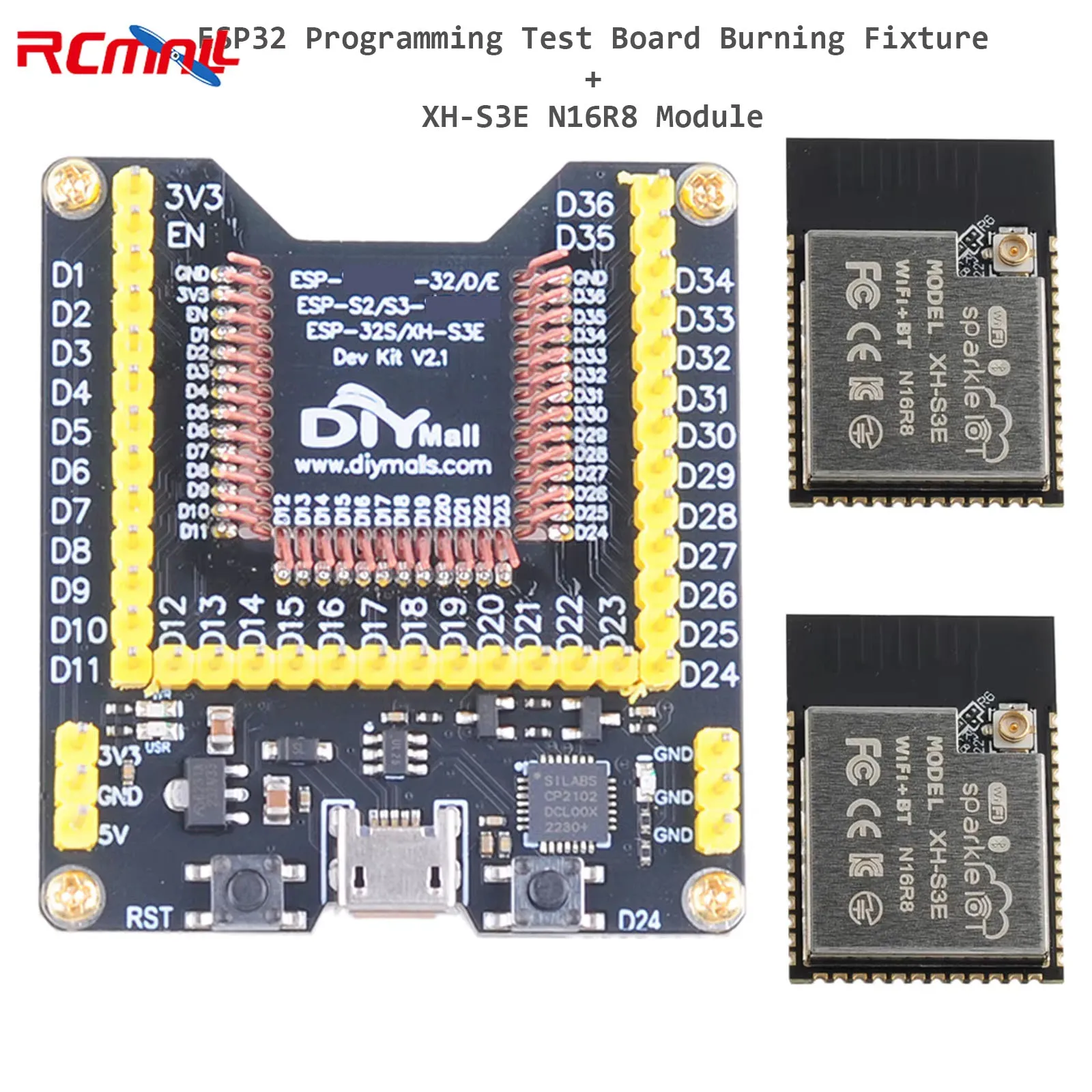 ESP32 Programming Module Test Board Burning Fixture System Development Board + 2PCS ESP32-S3 Module XH-S3E N16R8