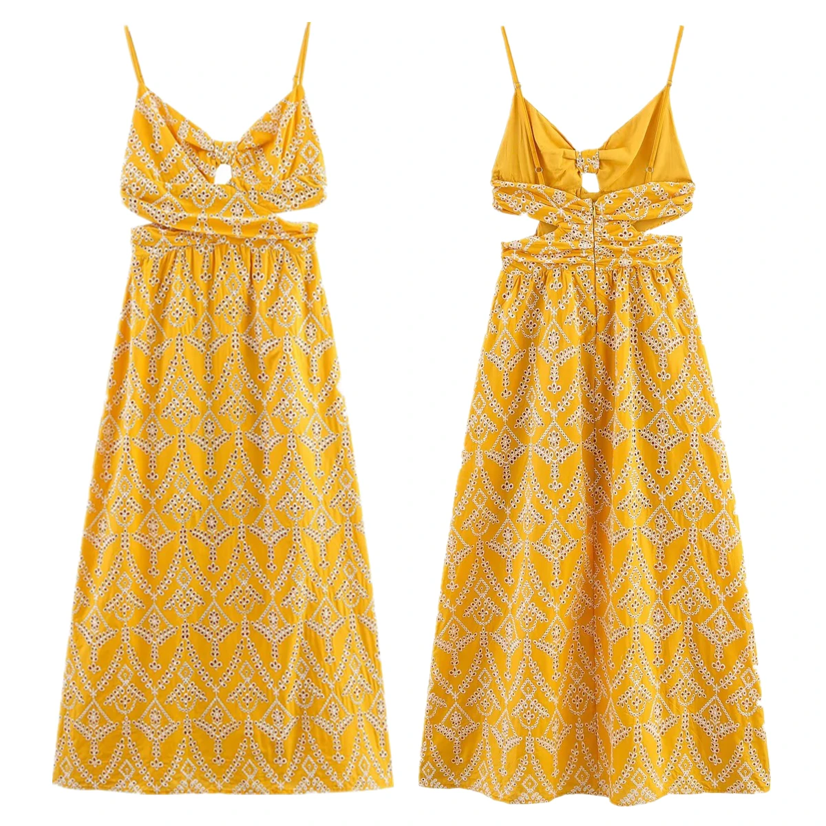 

Jenny&Dave French Country Style Flower Embroidered Dress Holiday Yellow Hollow Suspender Dress Sleeveless Summer Dress Women