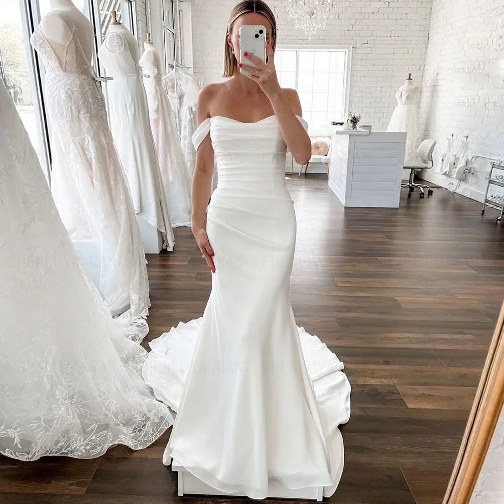 

Off-The-Shoulder Mermaid Wedding Dresses Pleat Sweep Train Long Bride Dress Simple Elegant Dresses For Women 2023 Robe De Mariée