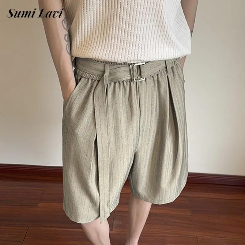 

Summer Outdoor Casual Mens Pleated Texture Shorts Stylish Loose Wide Leg Shorts Daily Leisure Men Adjustable Buckle Belt Shorts