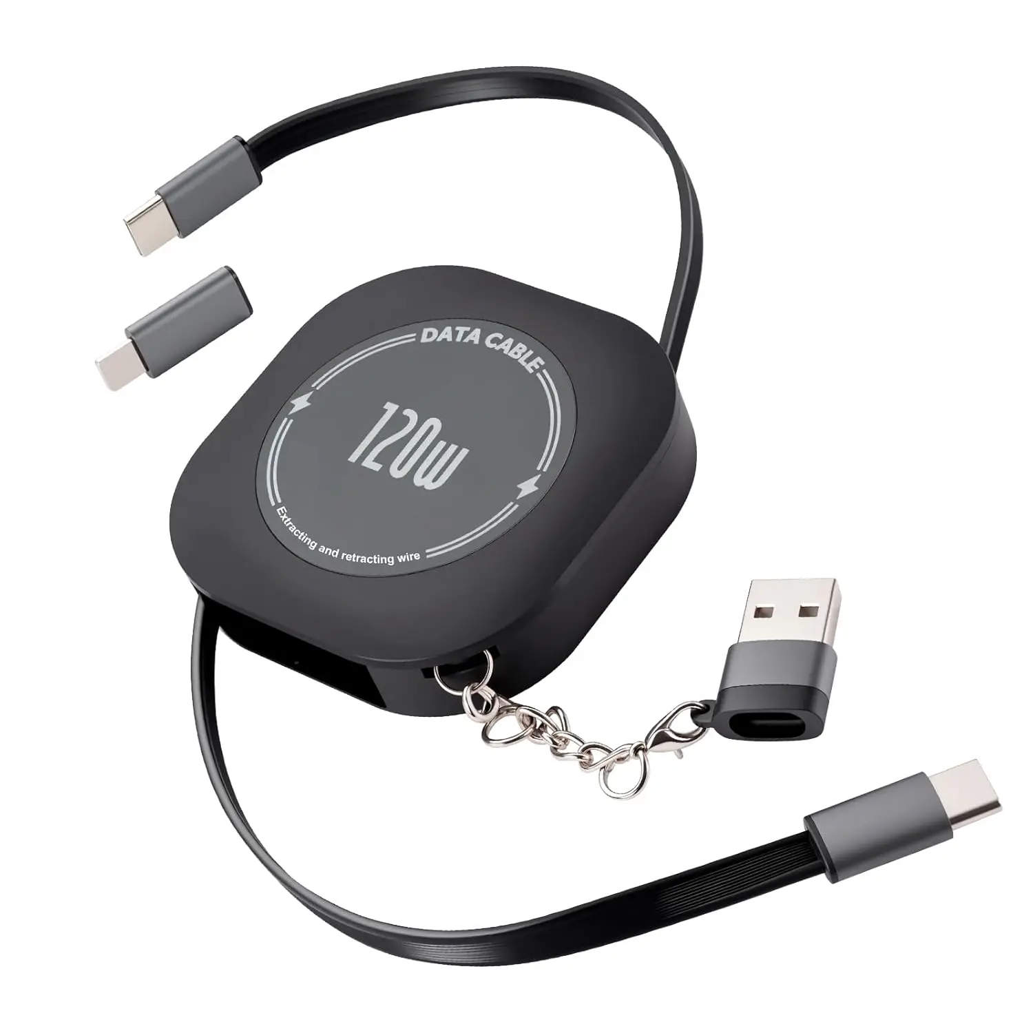 120W Retractable 4-in-1 Fast Charging Cable, USB To Type C + IOS Port, Data Sync, for IPhone IPad Samsung Tablets