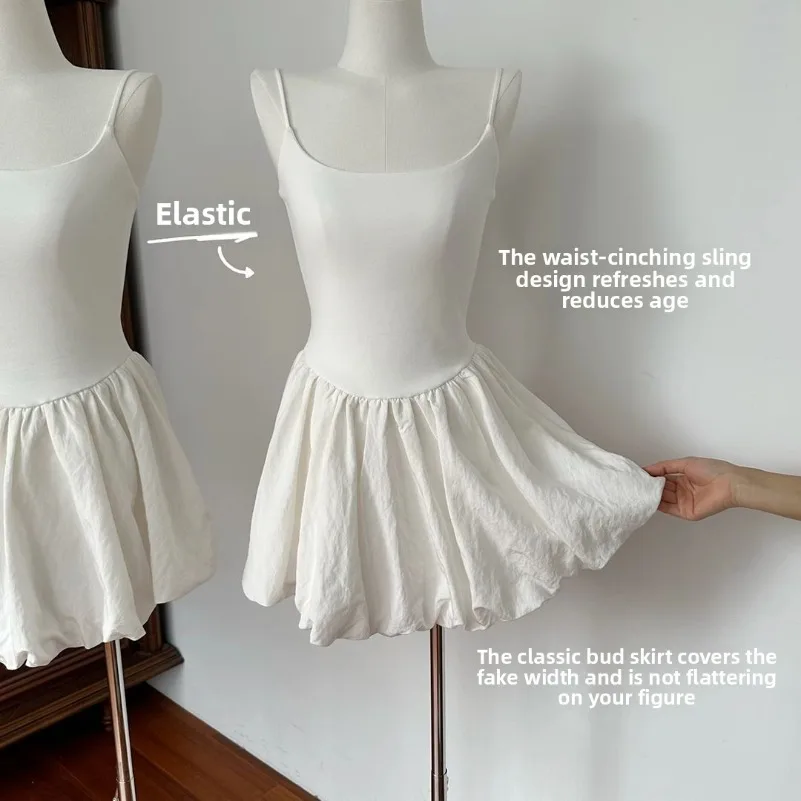 Hepburn White Suspender Flower Bud Dress New Spring and Summer A Small Stature High-end Feel Paired with A Fluffy Short Skirt