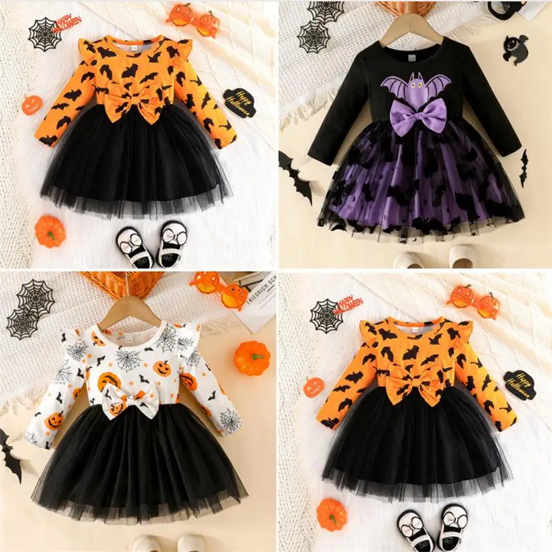 

Одежда для маленьких девочек, осенне-зимнее сетчатое платье с длинными рукавами, костюм на Хэллоуин с принтом летучей мыши и тыквы, платья на день рождения для девочек, карнавальная вечеринка