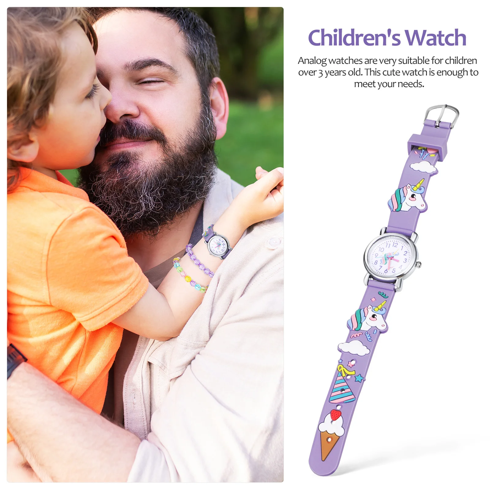 1 set Watch Set Unicorn Pattern Time Teaching Watch For Easy Read Arabic Numerals Adjustable Strap With Charm