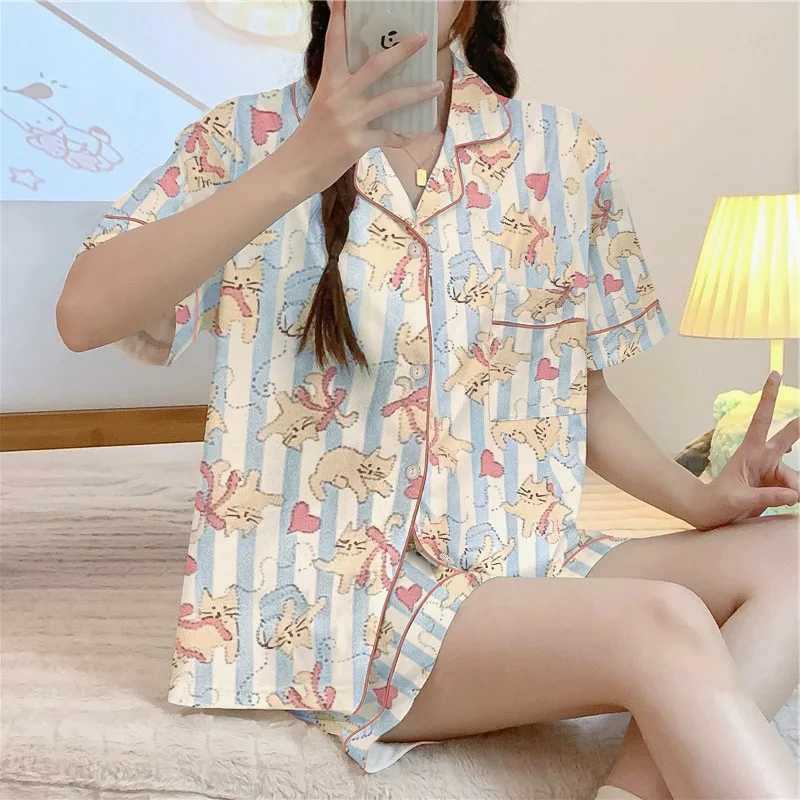 New Spring Three-piece Loose Cardigan Pajamas Short-sleeved Cartoon Lines Cat Lapel Loungewear Kawaii Pajamas for Youth Women