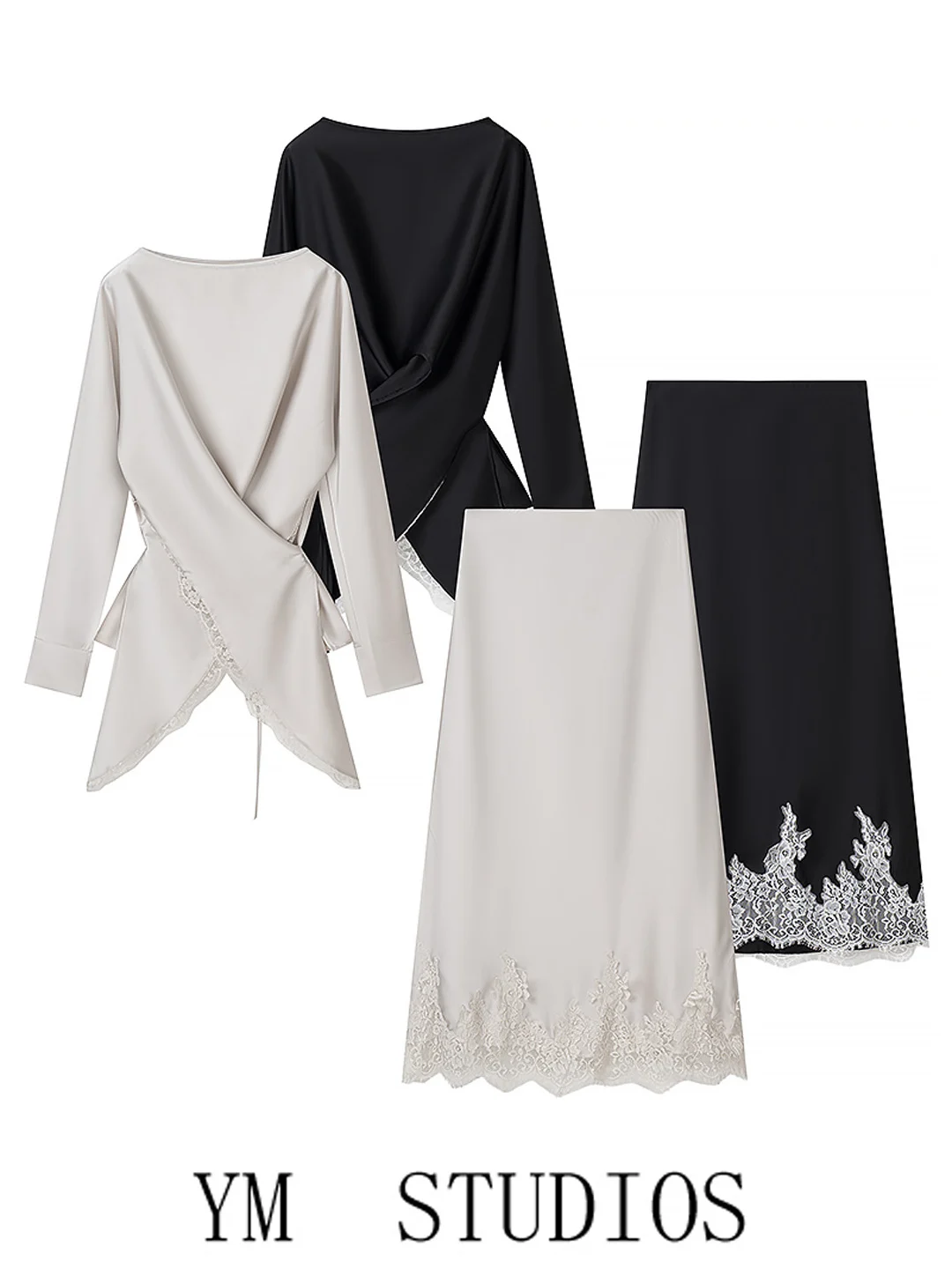 Women's Fashion Long Sleeve Lace Patchwork Shirt Silk Half Skirt Two-Piece Set Cross Tie Design Elegant Spring Autumn Wear