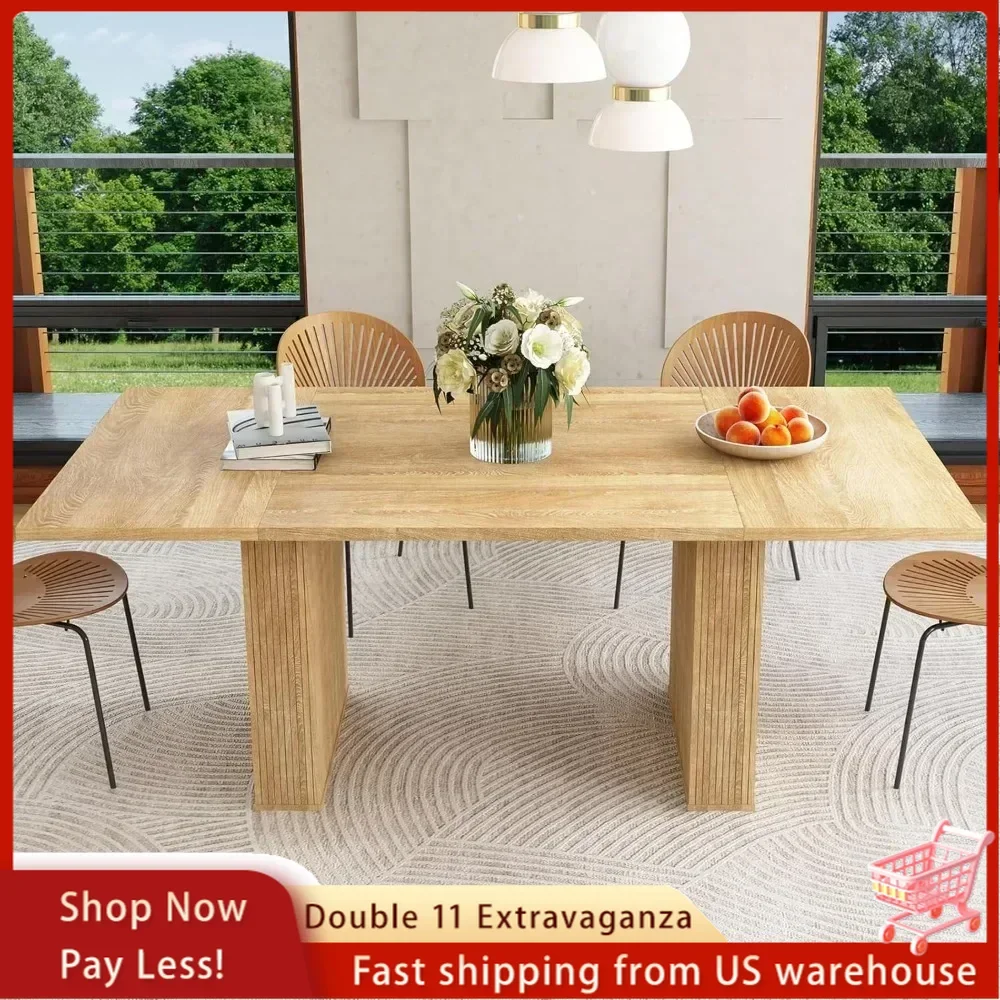 

78 Inch Dining Table for 6 8 10, with Wood Strip Base Modern Morocco Farmhouse Rectangular Kitchen Table