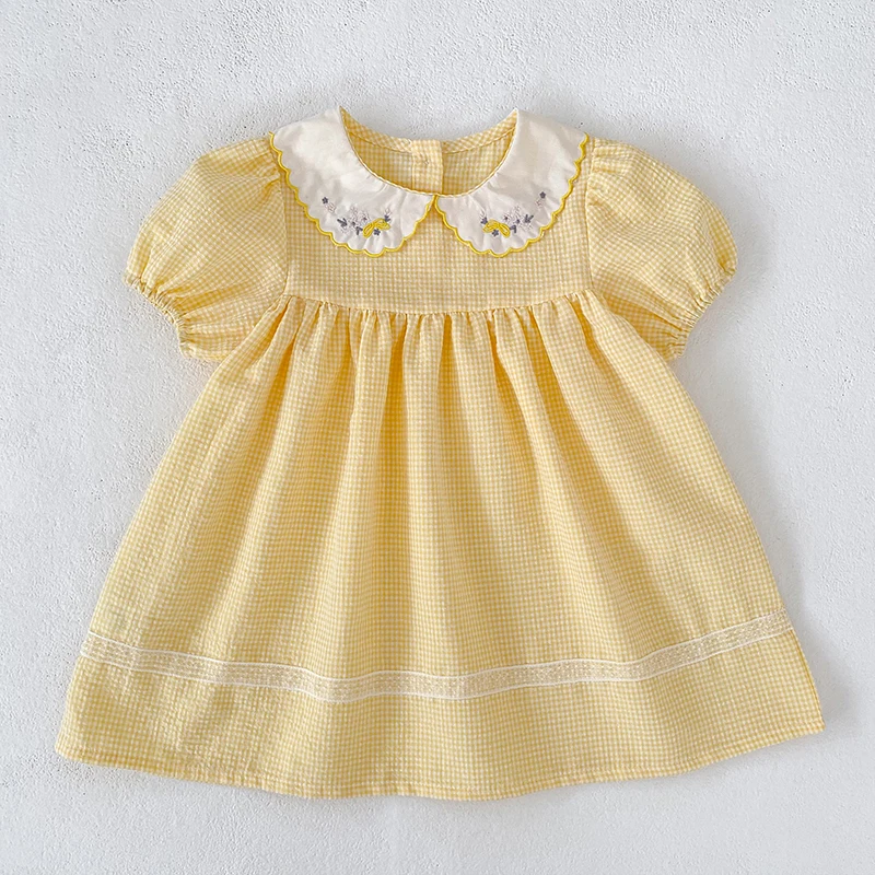 2026 Sommer 2-6 Jahre Kinder Karo-Süßes Partykleid 0-24 Monate Baby Mädchen Stickerei Kragen Kurzarm Body Gelbes Schwesterkleid – Detail 15