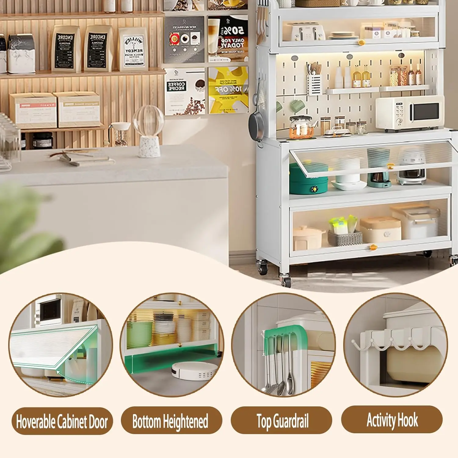 5 Tier Kitchen Bakers Rack with Flip Door Cabinet, Multifunctional Microwave Stand Buffet, Coffee Bar, Kitchen Pantry Storage Ca