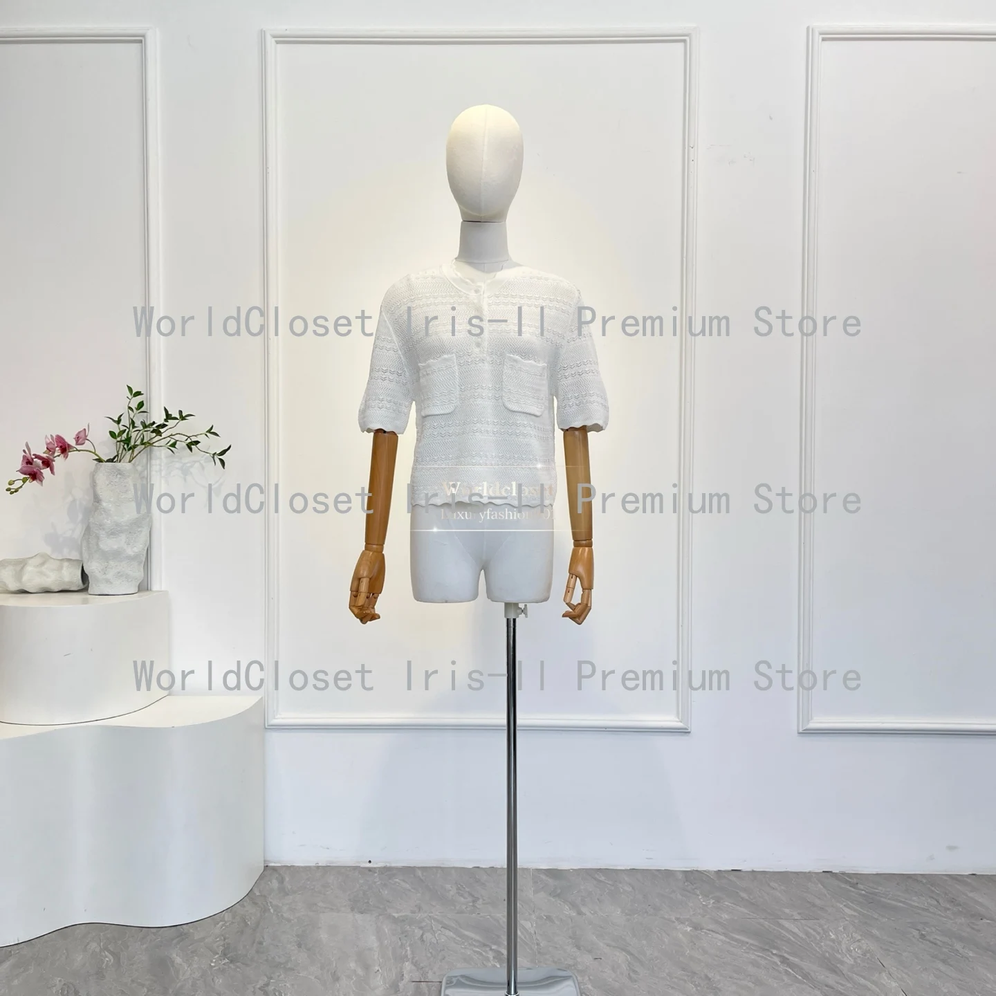 

Luxury White Knit Two Piece Set Women Scalloped Edge Pocket Detail Blouse Tops High Waist Wide Leg Pants Outfit