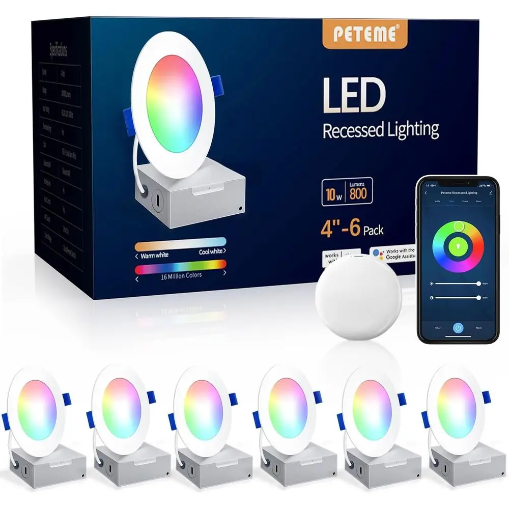 

Smart LED Reced Lighting 4 Inch, IC Rated ETL Certiied Ultra-Thin CanlReced Ceiling Light with J-Box, RGColor Changing Slim Down