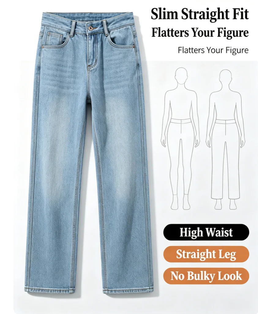 High Waist Straight Leg Jeans Women's Plus Size Fleece Lined Thick Winter Warm Wide Leg Pants Slimming Small Stature