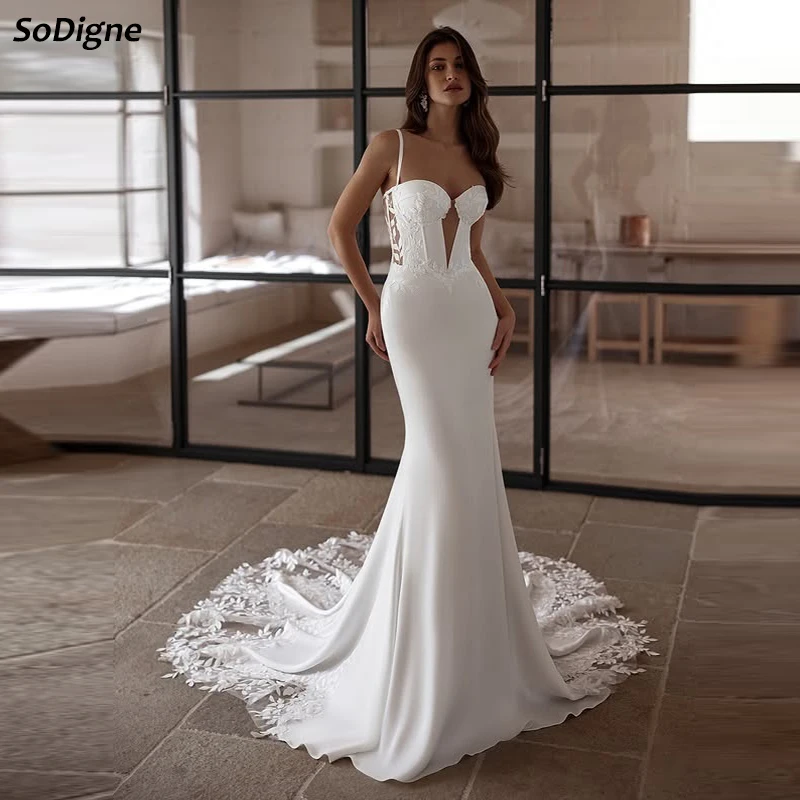 SoDigne Mermaid Satin Wedding Dress Sweetheart Sleeveless Lace Appliques Bride Dresses Bridal Gowns Robe De Mairee Customized