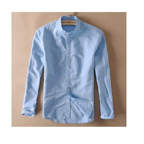 Men Stand Collar Linen Shirts Long Sleeve Mens Button-Front Quality Casual Shirts Slim Fit Solid Dress Shirts Men Clothes TS-154