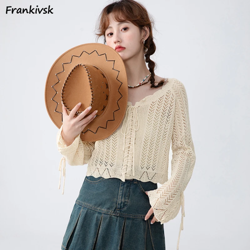 

Bandage Cardigan Hollow Out Women Breathable Aesthetic Hipster Spring Versatile Sweet Holiday Mori Girls Korean Style Cropped