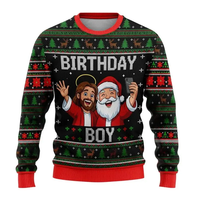 Felpa natalizia con grafica di Babbo Natale Gesù alla moda Autunno Inverno Vacanza Maglione brutto stampato in 3D Pullover oversize casual