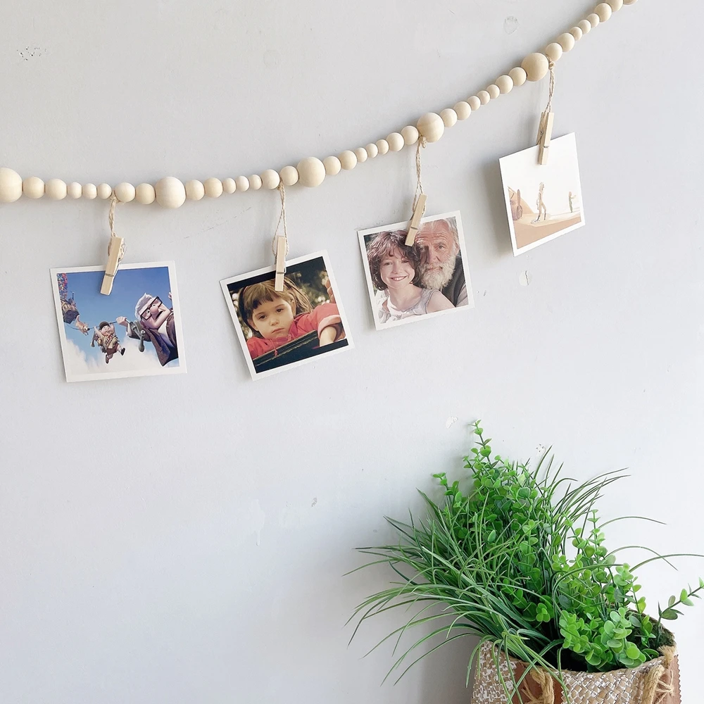 Wall Hanging Photo Display with Wooden Beads Garland For Home Party Wedding Anniversary Photo Memory Collection String Ropes