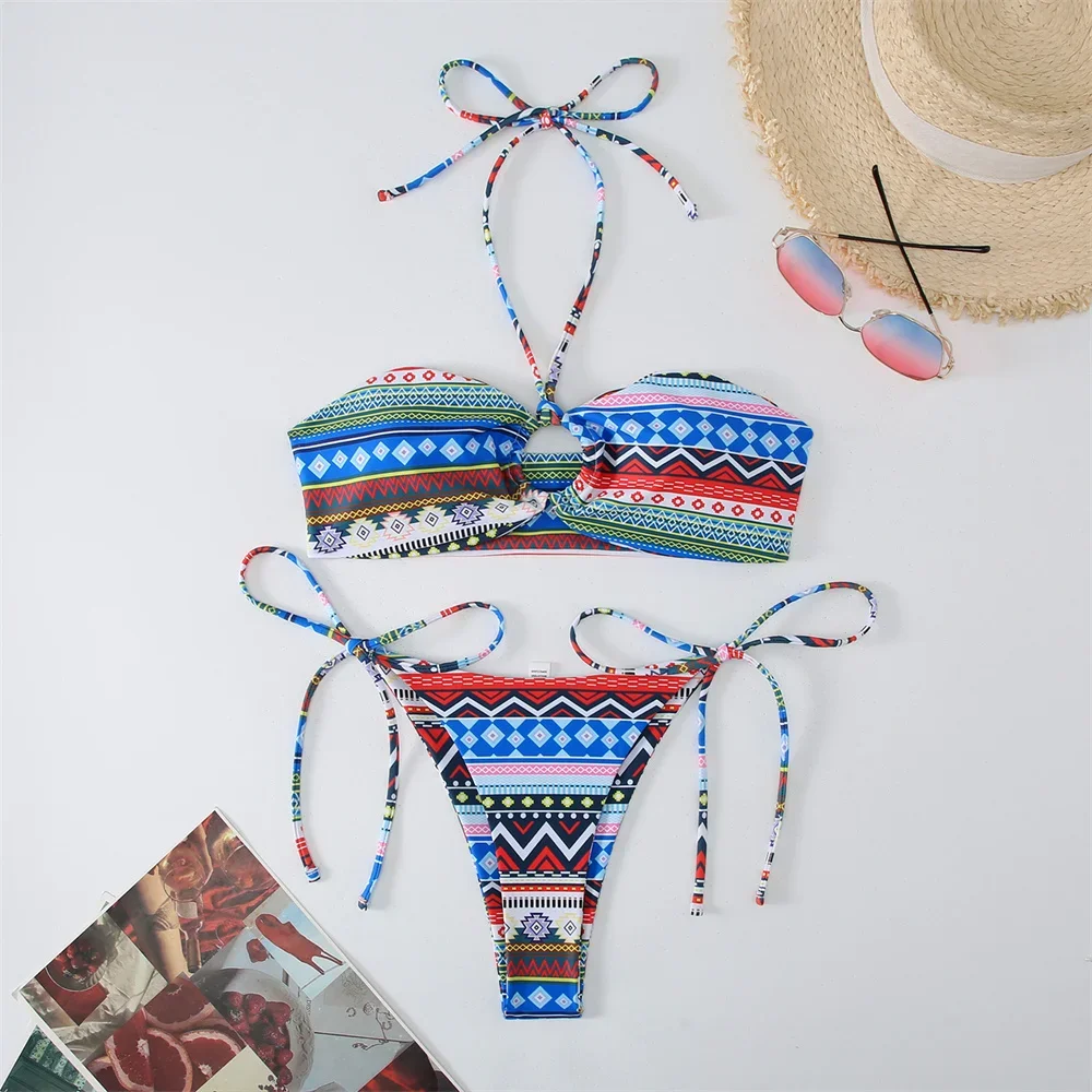 nadruk boho mikro bikini stringi stringi bandeau strój kąpielowy vintage wakacje stroje kąpielowe kobiety Trend kostiumy kąpielowe plażowe Biquini