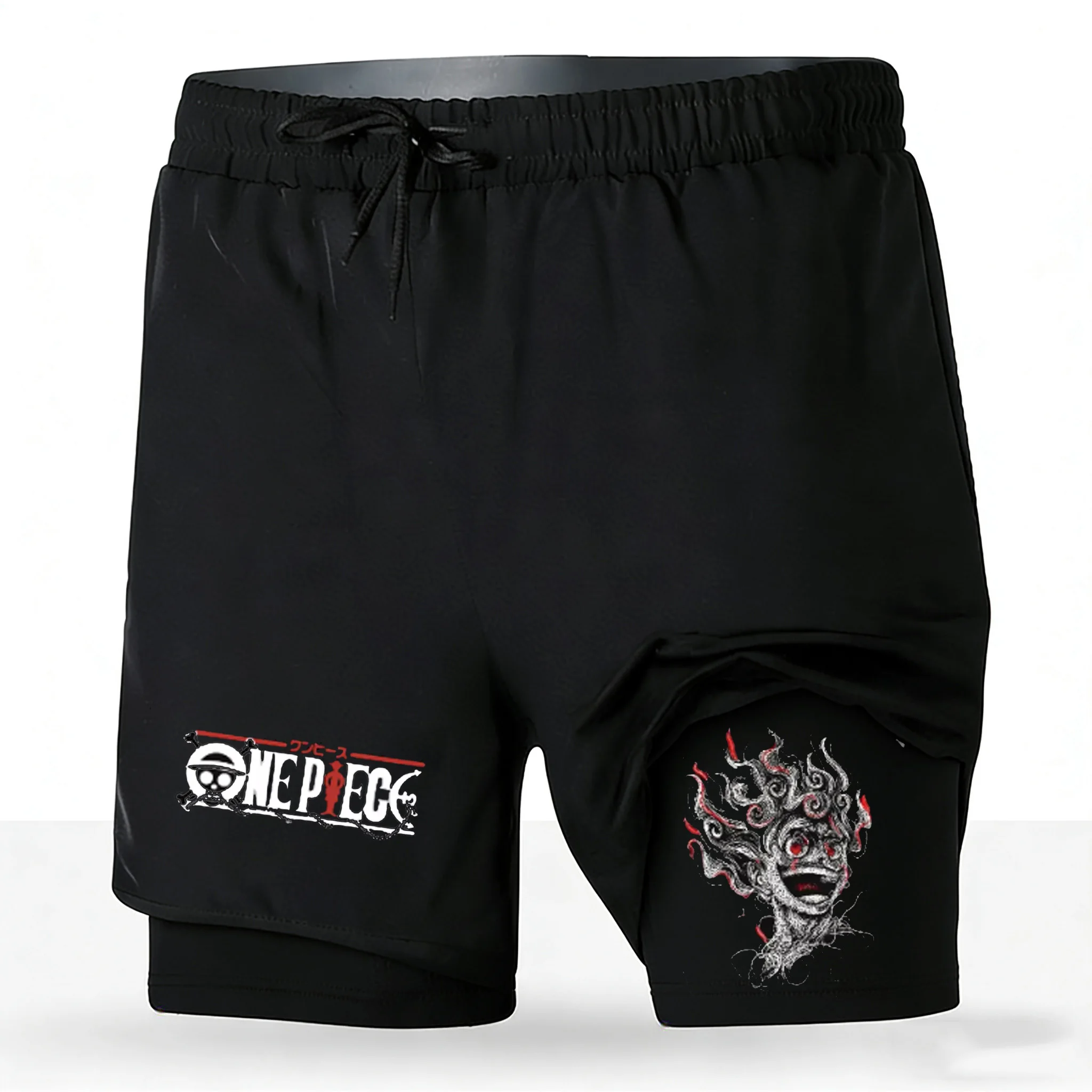 

One Piece Luffy Gear 5 Nika Anime 2 in 1 Shorts Men 2026 Summer Quick Dry Athletic Workout Running Shorts with Compression