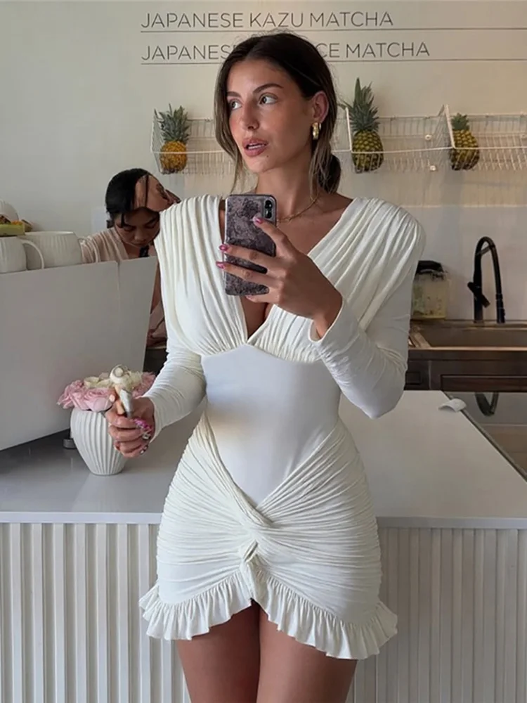 Sisterlinda Kreuz Rüschen Trim Mini Kleid Einfache Feste V-ausschnitt Geraffte Volle Hülse Körper-gestaltung Kleid Weibliche Klassische Straße Vestido