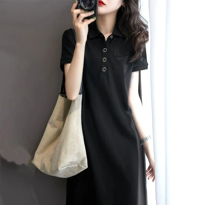 

Women's Clothing Loose Capable Casual Classic Elegant Solid Short Sleeve Turn-down Collar Simplicity Button Knee Skirts E9196