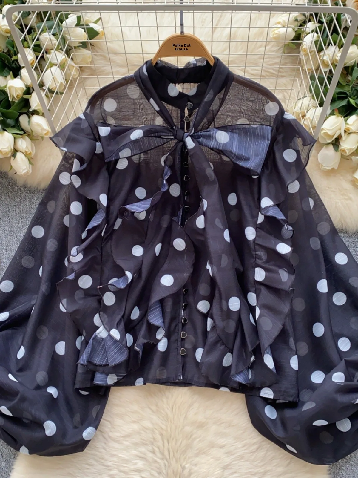 

Новая весенняя женская блузка irt Knot с поясом Lantern Sve Thin Polka Dot Me Snowflake Georgette Blouse Korean Sle Loo...