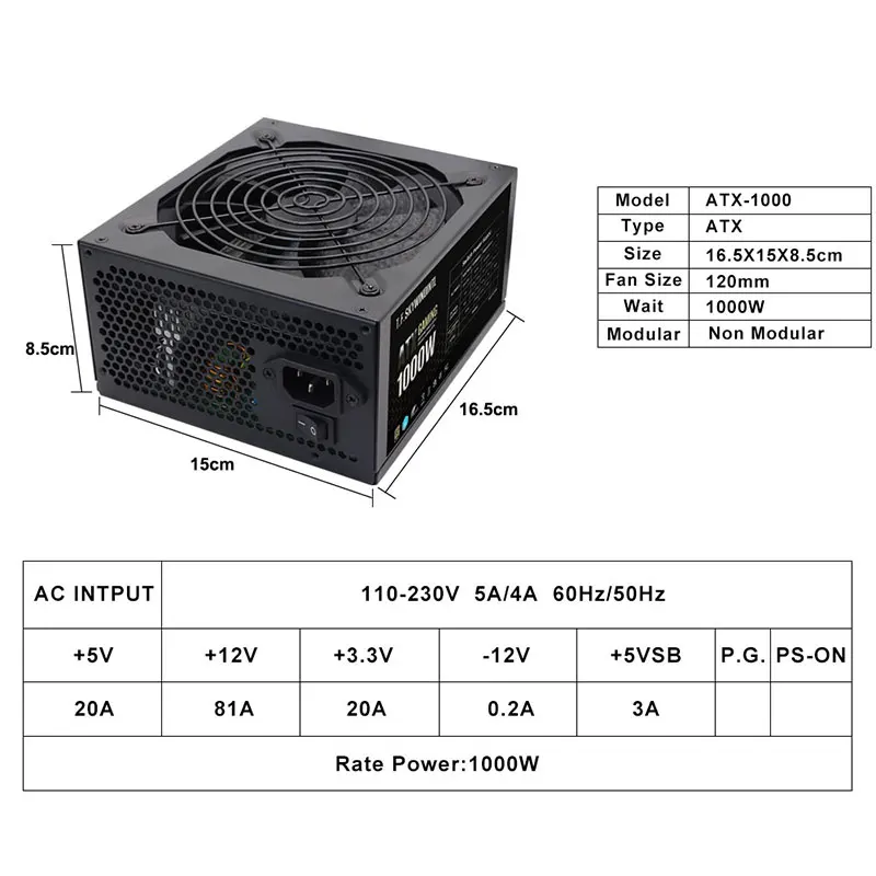 T.F.SKYWINDINTL พาวเวอร์พีซี 1000w PSU 12V Professional E-Sports PSU 20 +4 พิน 1000W สำหรับพัดลมเงียบเกมคอมพิวเตอร์แหล่งจ่ายไฟ