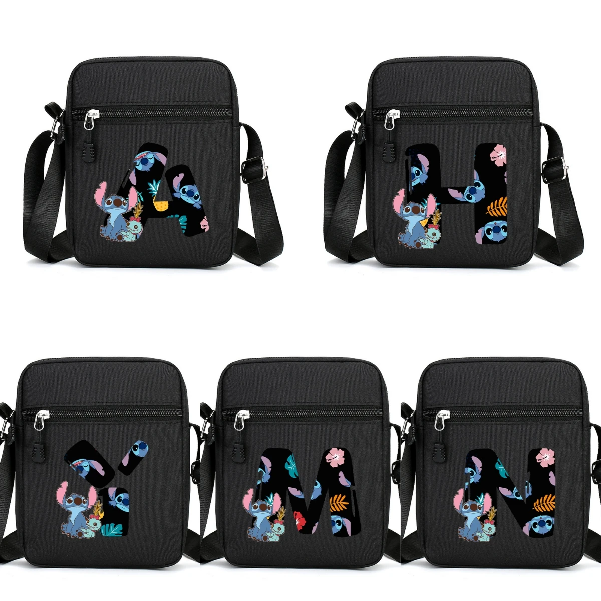 만화 스티치 메신저 백 A-Z 알파벳 소녀 옥스포드 천 야외 스포츠 휴대폰 가방 소년 핸드백 애니메이션 귀여운 숄더백