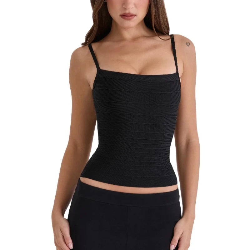 Sexy Solid Bandage Top Spaghetti Strap Square Neck Striped Crop Corset Sleeveless Bodycon Lady Stretch Summer Party Chic Vest