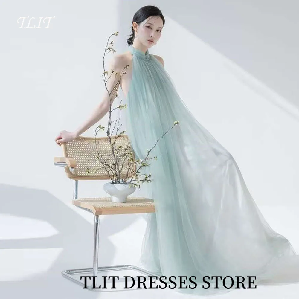 

TLIT Elegant Mint Green Tulle Evening Dress Korea Wedding Dress Photo Shoot Halter Prom Gowns Customized Floor-Length Gowns