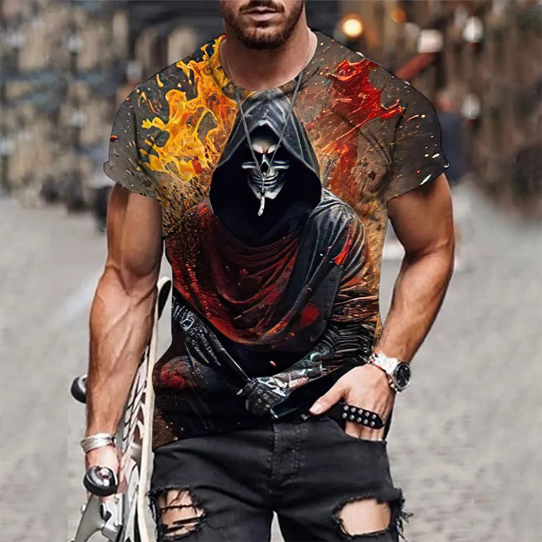 Funny 3D Skull Print Men's T Shirt Hip Hop Punk Style Streetwear Casual O-neck Short Sleeve Top Fashion Loose Clothing Retro Tee